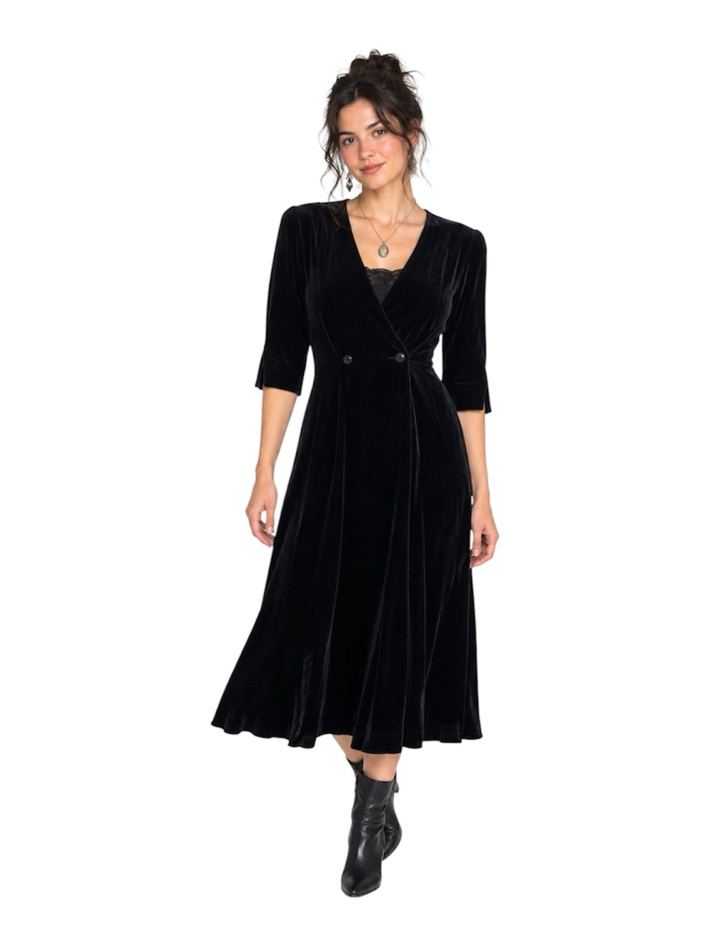 Liz Claiborne Vintage 90s Velvet Black Sz 8 Midi Dress Mermaid Cottage core